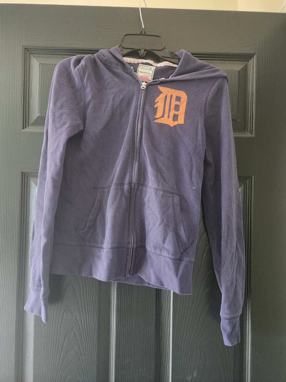PINK Victoria's Secret Navy Zip-Up Hoodie with Orange Detroit Tigers D Logo